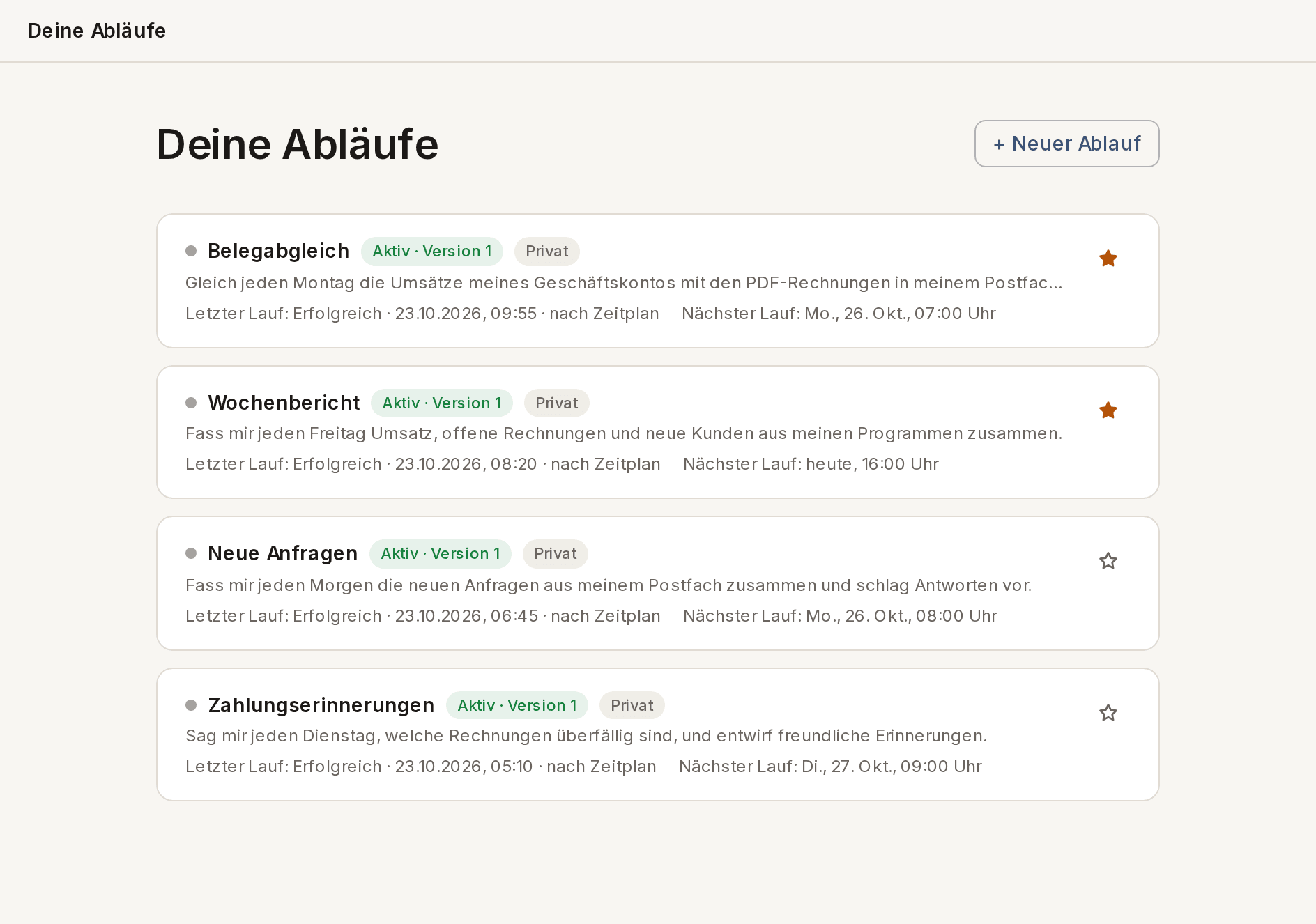 Die Liste der Abläufe, jeder aktiv, mit letztem und nächstem Lauf